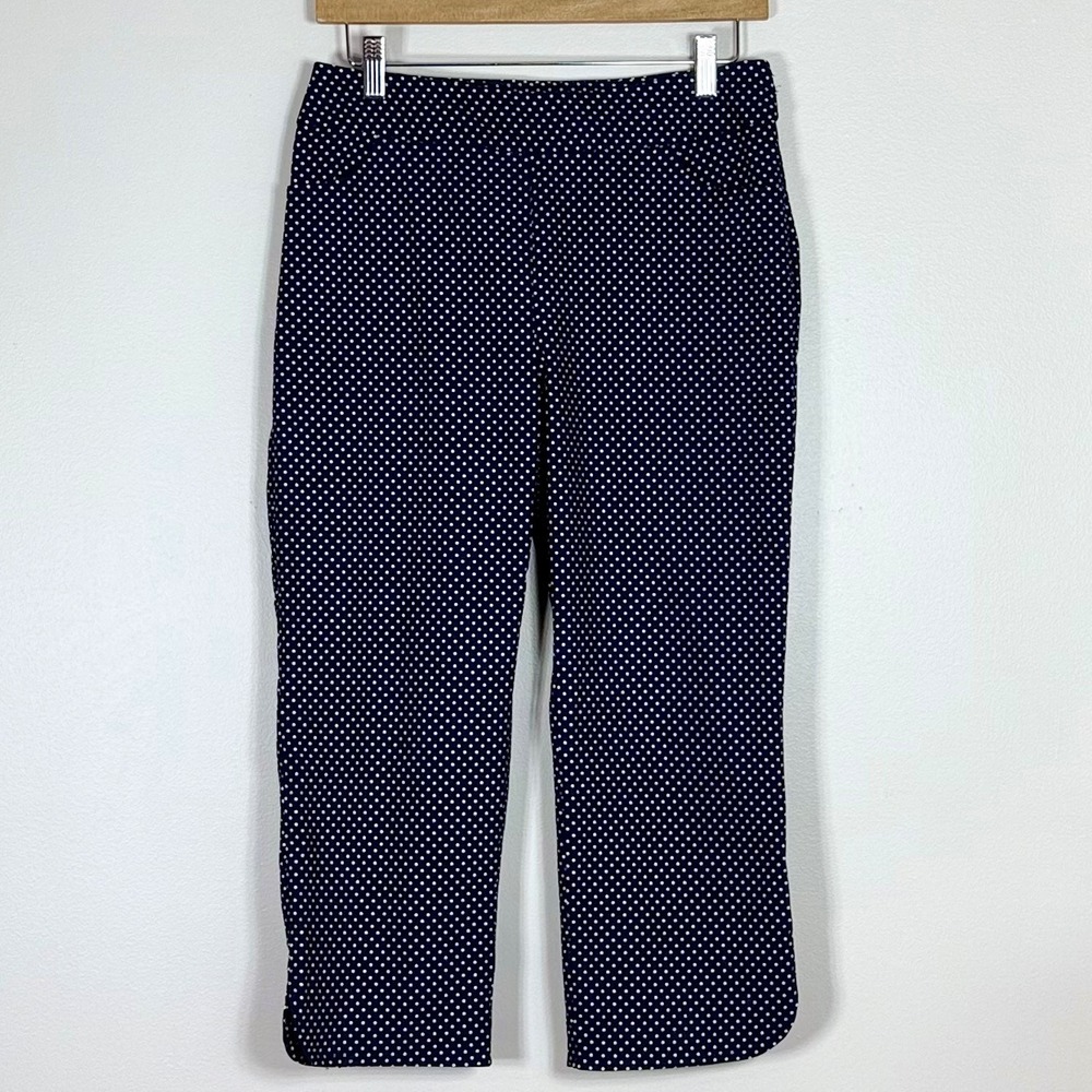 Jessica Riley Womens Polka Dot Capri Pants M Navy Blue White Retro Pinup Cropped